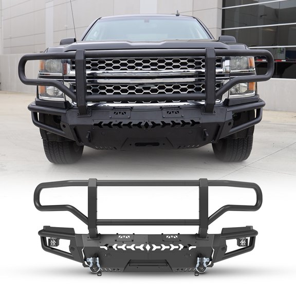 Modular 4 IN 1 Design Steel Front Bumper+Side Wing+Bull Bar+Winch Plate For 2014-2015 Chevy Silverado 1500 w/2*Shackles and 2*4" Pod Lights