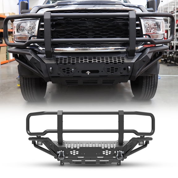 Modular 4 IN 1 Front Bumper + Side Wings+ Bull Bar+Skid Plate For 2019-2024 Ram 2500 3500 Includes a set of 4" pod lights and D-Rings,w/Mounting Hole for Parking Sensors,w/Winch Cable Guide Hole