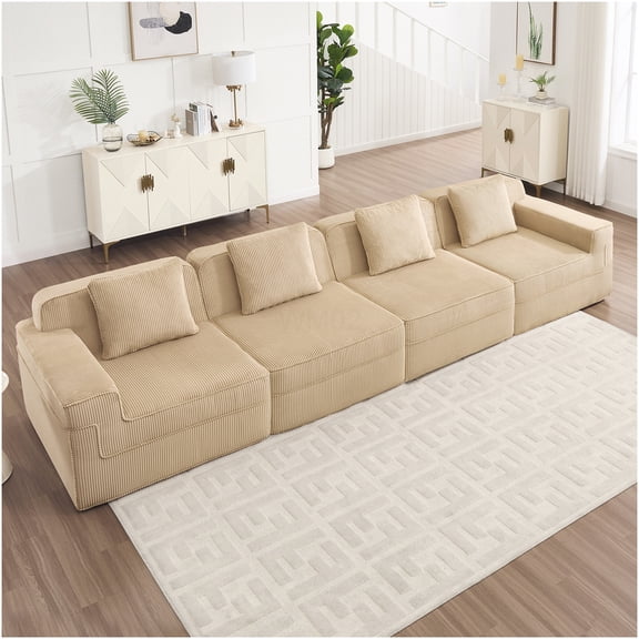 Modular 4 Seat Cloud Sectional Sofa, No Assembly Corduroy Fabric Couch with Throw Pillows, Camel Color