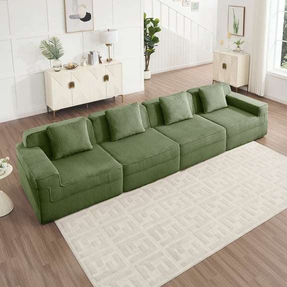 Modular 4-Seat Cloud Sofa Couch in Plush Green Corduroy Fabric | Deep Seat, Boneless Design, No Assembly Needed | Cozy Living Room Furniture, Year-Round Comfort