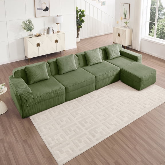 Modular 4 Seat L Shape Sectional Boneless Sofa, Cloud Sectional Couch with Deep Seat, Modern Modular 4-Seat Sofa Couch with Throw Pillows and 1 Movable Ottoman, Corduroy Fabric Green