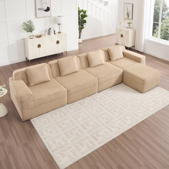 Modular 4 Seat L Shape Sectional Sofa with Movable Ottoman, Cloud-Like Corduroy Couch for Living Room, Deep Seating Design with Throw Pillows