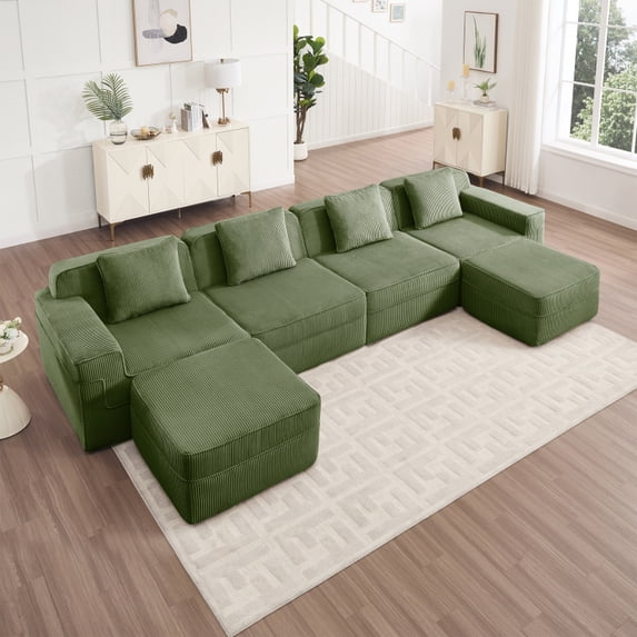 Modular 4 Seat U Shape Sectional Boneless Sofa, Cloud Sectional Couch with Deep Seat, Modern Modular 4-Seat Sofa Couch with Throw Pillows and 2 Movable Ottomans, Corduroy Fabric Green