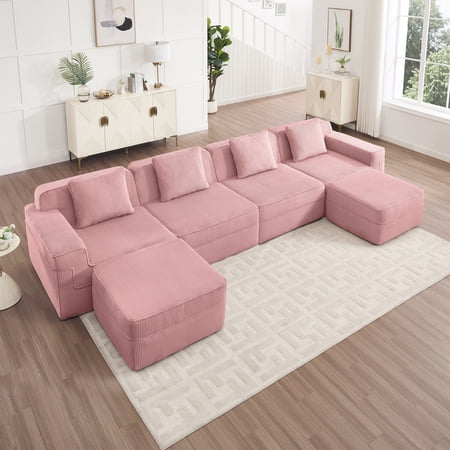 Modular 4 Seat U Shape Sectional Boneless Sofa, Cloud Sectional Couch with Deep Seat, Modern Modular 4-Seat Sofa Couch with Throw Pillows and 2 Movable Ottomans, Corduroy Fabric Pink