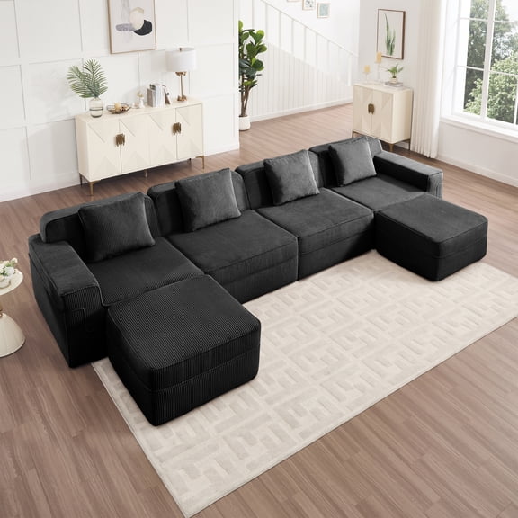 Modular 4-Seat U-Shaped Sectional Sofa with Deep Seating and 2 Movable Ottomans, Corduroy Fabric Cloud Couch for Living Room Comfort