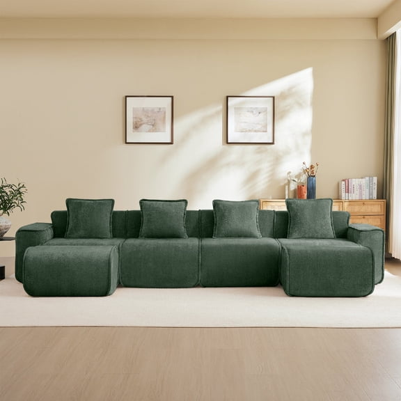 Modular 4 Seat ectional Boneless Sofa with 2 Movable Ottomans and French Edge Piping, Velvet Fabric Streamlined Design U-Shape Sofa Couch with Throw Pillows for Living Room, Apartmrnt, Green