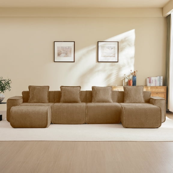 Modular 4 Seat ectional Boneless Sofa with 2 Movable Ottomans and French Edge Piping, Velvet Fabric Streamlined Design U-Shape Sofa Couch with Throw Pillows for Living Room, Apartmrnt, Brown