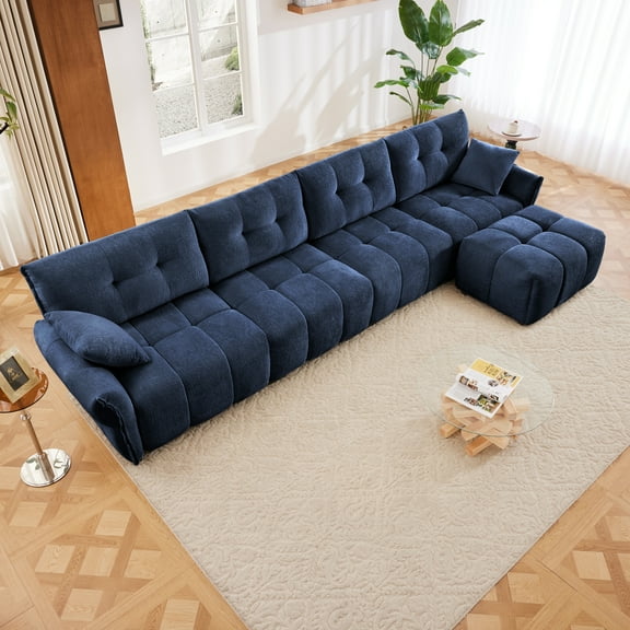 Modular 4-Seater Sofa, Modern Sofa with Ottoman, Solid Wood Frame, Premium Chenille Craftsmanship and High-Resilience Cushions, 4-Seater Sofa for Living Rooms, Home Offices and Lounges, Blue