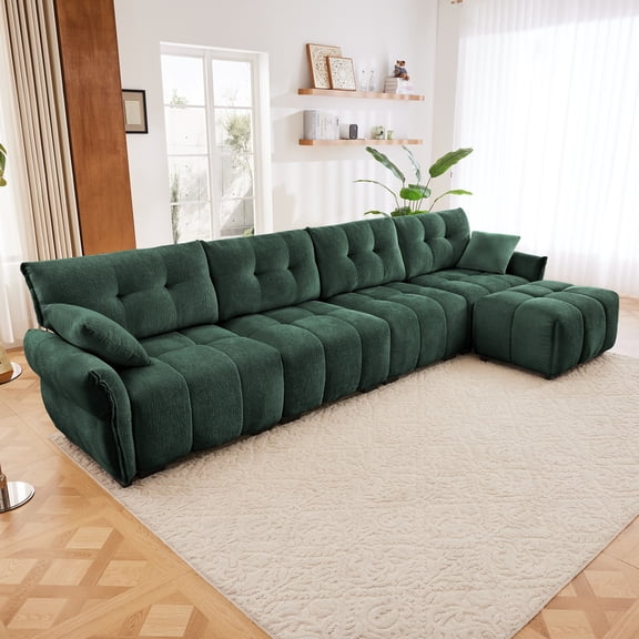 Modular 4-Seater Sofa with Ottoman in Premium Green Chenille, Solid Wood Frame, High-Resilience Cushions - Configurable Living Room & Lounge Furniture