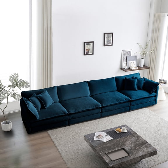 Modular 4 Seats Blue Sofa in Chenille / Flexible Design for Different Rooms