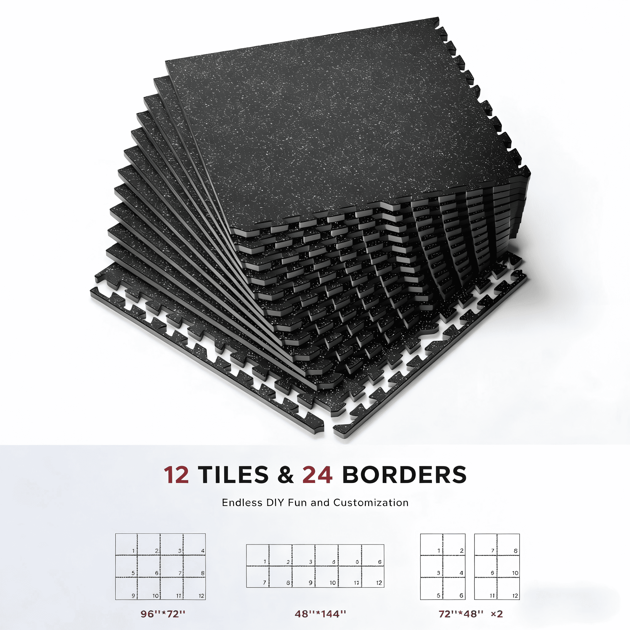 Modular 48 Sq Ft Gym Floor Tiles - 14mm Thick Interlocking Mats for Equipment Protection, Anti-Slip & Shock Absorption - 12-Piece Rubber-EVA Home Gym Set