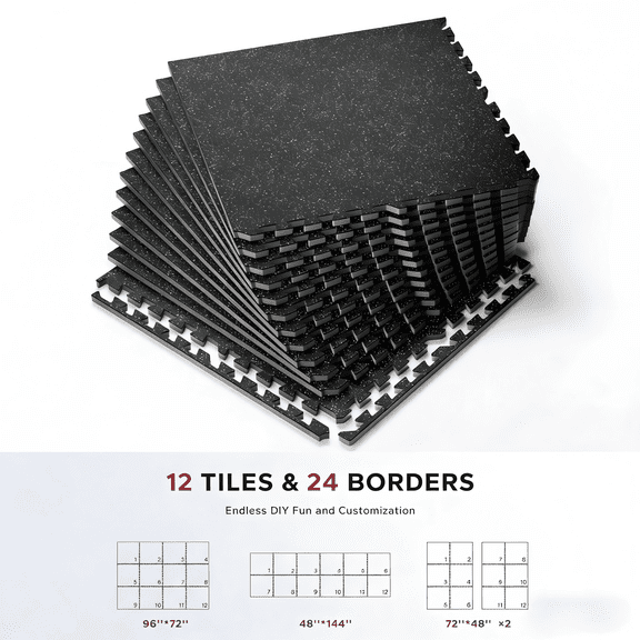Modular 48 Sq Ft Gym Floor Tiles - 14mm Thick Interlocking Mats for Equipment Protection, Anti-Slip & Shock Absorption - 12-Piece Rubber-EVA Home Gym Set