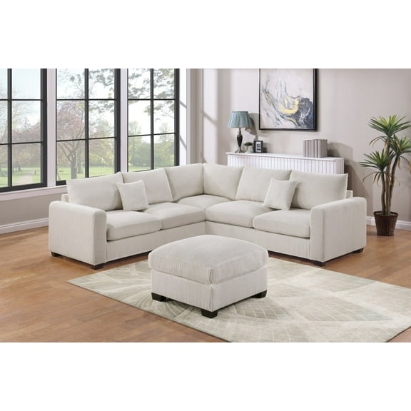 Modular 4pcs Sectional Set Ivory Corduroy Upholstered LAF / RAF Loveseats Wedge Ottoman Living Room