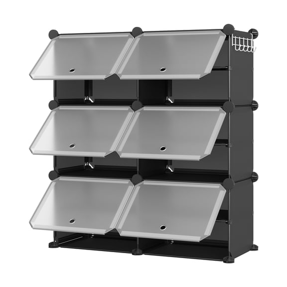 Modular 6-Cube Shoe Storage Cabinet with Doors – 6-Tier Plastic Shoe Organizer – Space-Saving – Easy DIY Assembly – for Entryway, Bedroom, Living Room – Black