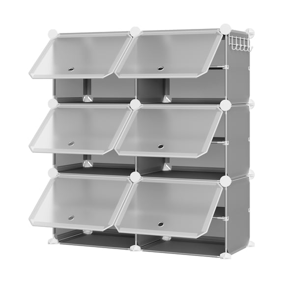 Modular 6-Cube Shoe Storage Cabinet with Doors – 6-Tier Plastic Shoe Organizer – Space-Saving – Easy DIY Assembly – for Entryway, Bedroom, Living Room – Gray