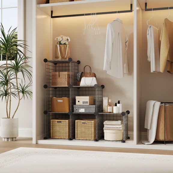 Modular 6-Cube Wire Grid Storage Organizer – Metal Closet Shelving Unit – DIY 12.6" Cubes for Entryway, Bedroom, Living Room, Office – Open Storage Cabinet – Grey