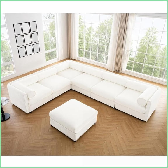 Modular 6-Seat Chenille Sectional Sofa with Storage for Living Room - Ergonomic Cylindrical Backrest & Armrests | White | Chenille | Round Arms