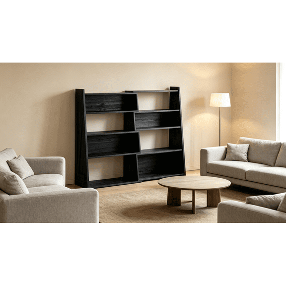 Modular Asymmetrical Black Oak Grain Bookcase with Convertible Layouts