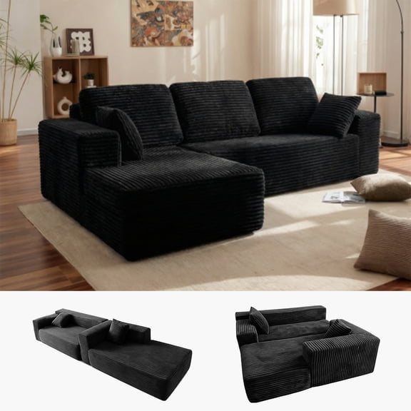 Modular Boneless L Shaped Sectional Couch, Sofa for Living Room,Black, 96" Left Facing Chaise