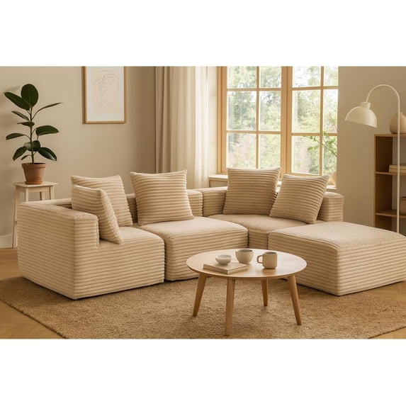 Modular Boneless Sofa Couch,111" Corduroy Sectional for Living Room, Compressed Convertible Lounge Sofa Bed, 4-Seat Modern No Assembly Couch, Vacuum-Pack Shipping (Beige)