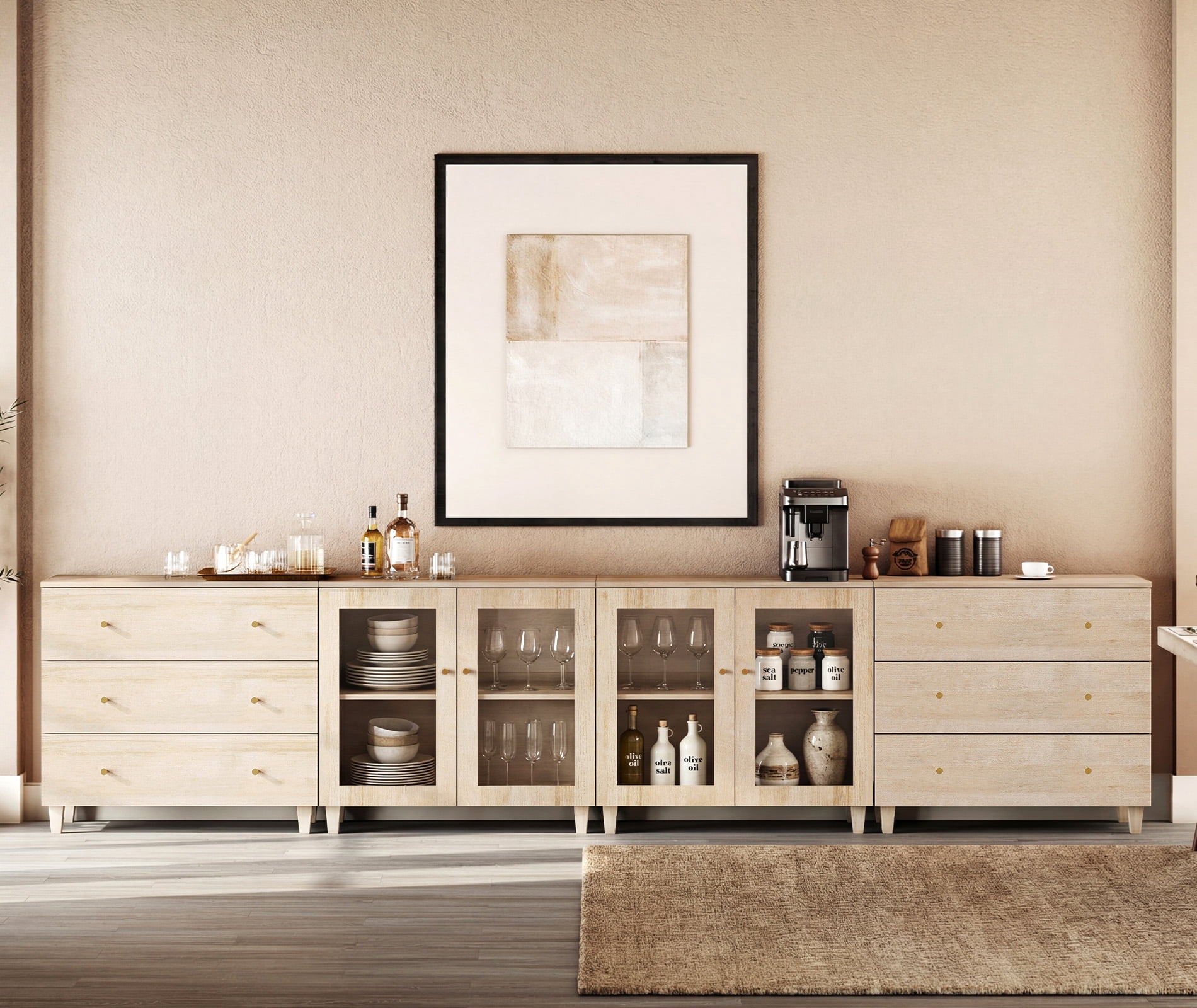 Modular Buffet Cabinet Sideboard With Glass Doors, Wide Drawers, Adjustable Shelves and Cable Management For Kitchen Dining Room, 142" W, White Oak Wood