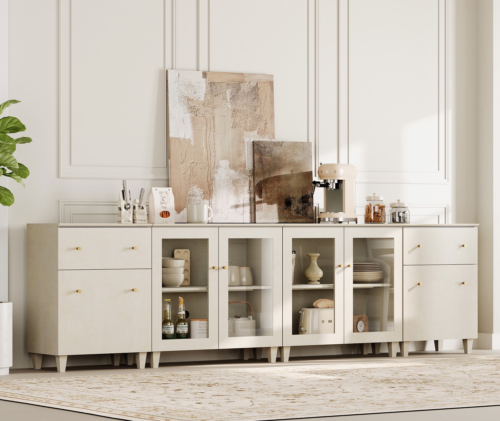 Modular Buffet Cabinet Sideboard With Glass Doors, Drawers, Adjustable Shelves and Cable Management For Kitchen Dining Room, 118" W, Beige Wood