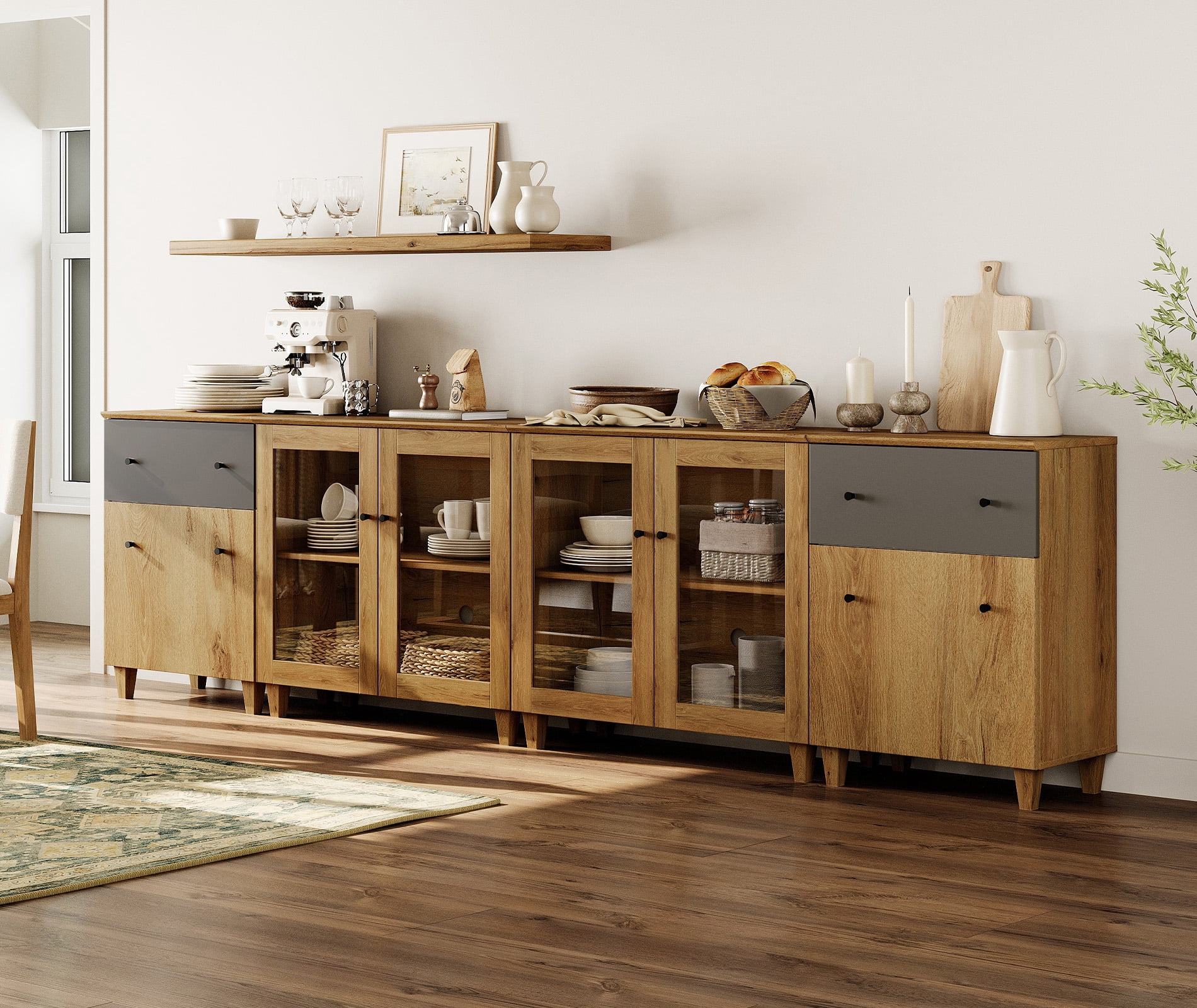 Modular Buffet Cabinet Sideboard With Glass Doors, Drawers, Adjustable Shelves and Cable Management For Kitchen Dining Room, 118" W, Brown Wood