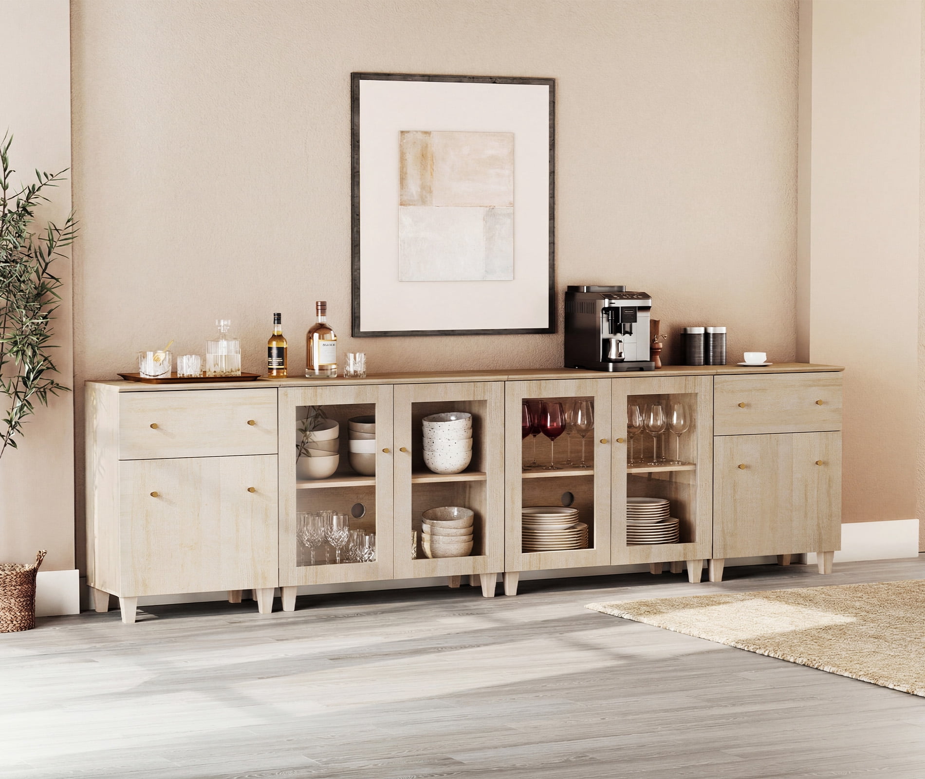 Modular Buffet Cabinet Sideboard With Glass Doors, Drawers, Adjustable Shelves and Cable Management For Kitchen Dining Room, 118" W, White Oak Wood