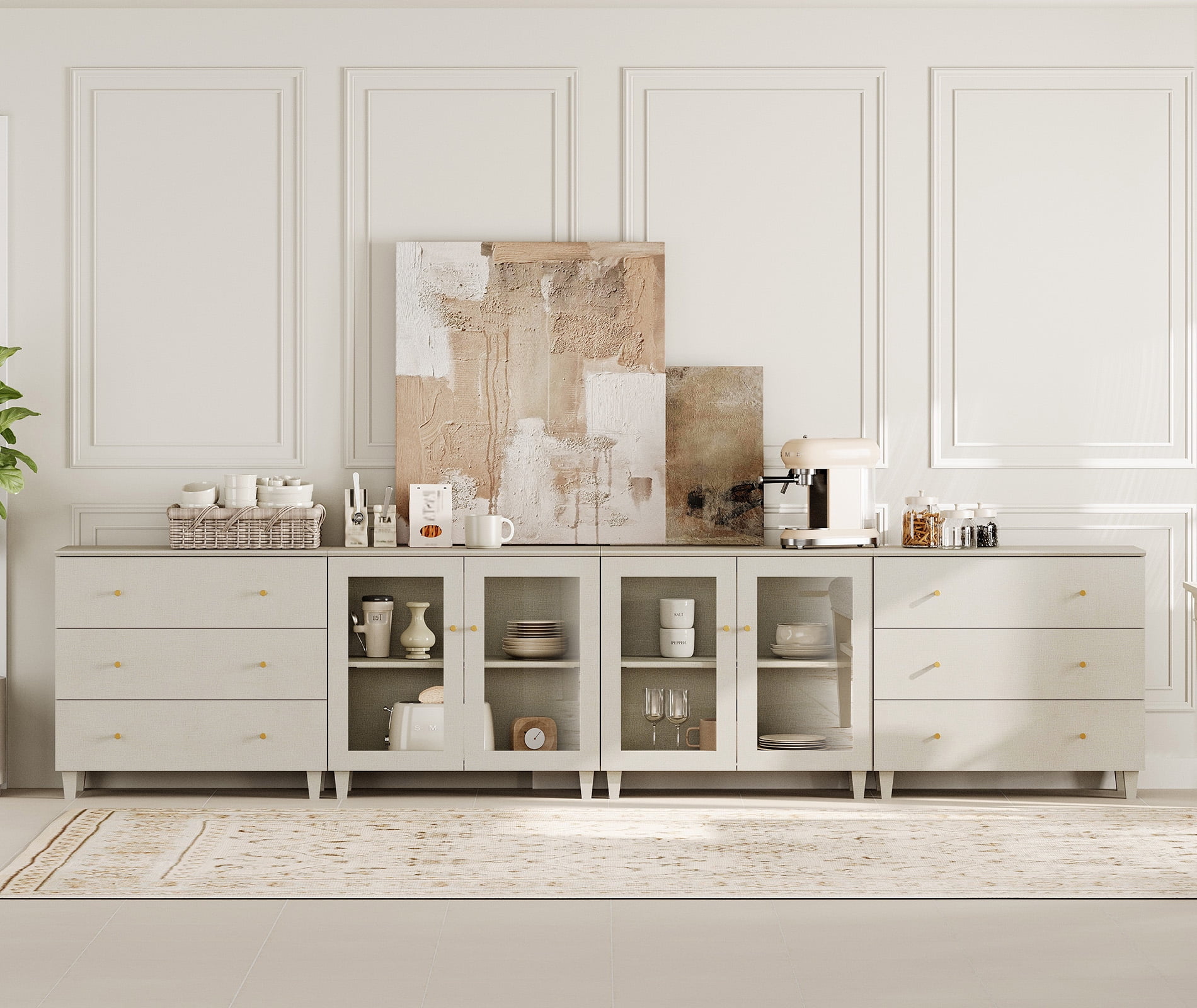 Modular Buffet Cabinet Sideboard With Glass Doors, Wide Drawers, Adjustable Shelves and Cable Management For Kitchen Dining Room, 142" W, Beige Wood