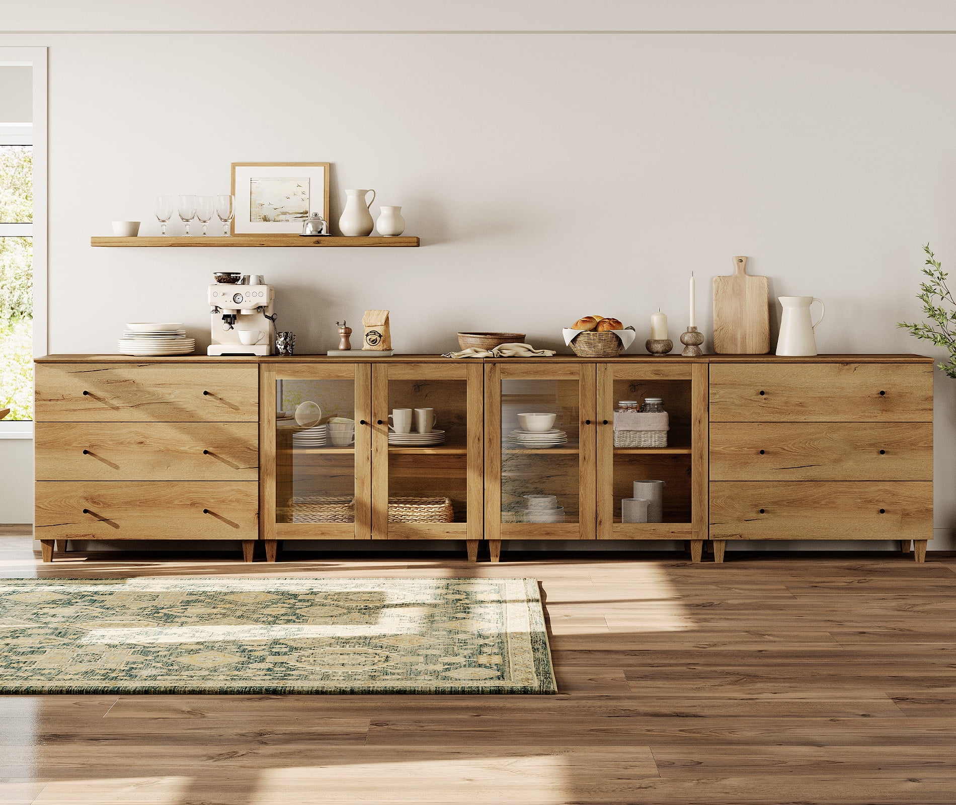 Modular Buffet Cabinet Sideboard With Glass Doors, Wide Drawers, Adjustable Shelves and Cable Management For Kitchen Dining Room, 142" W, Brown Wood