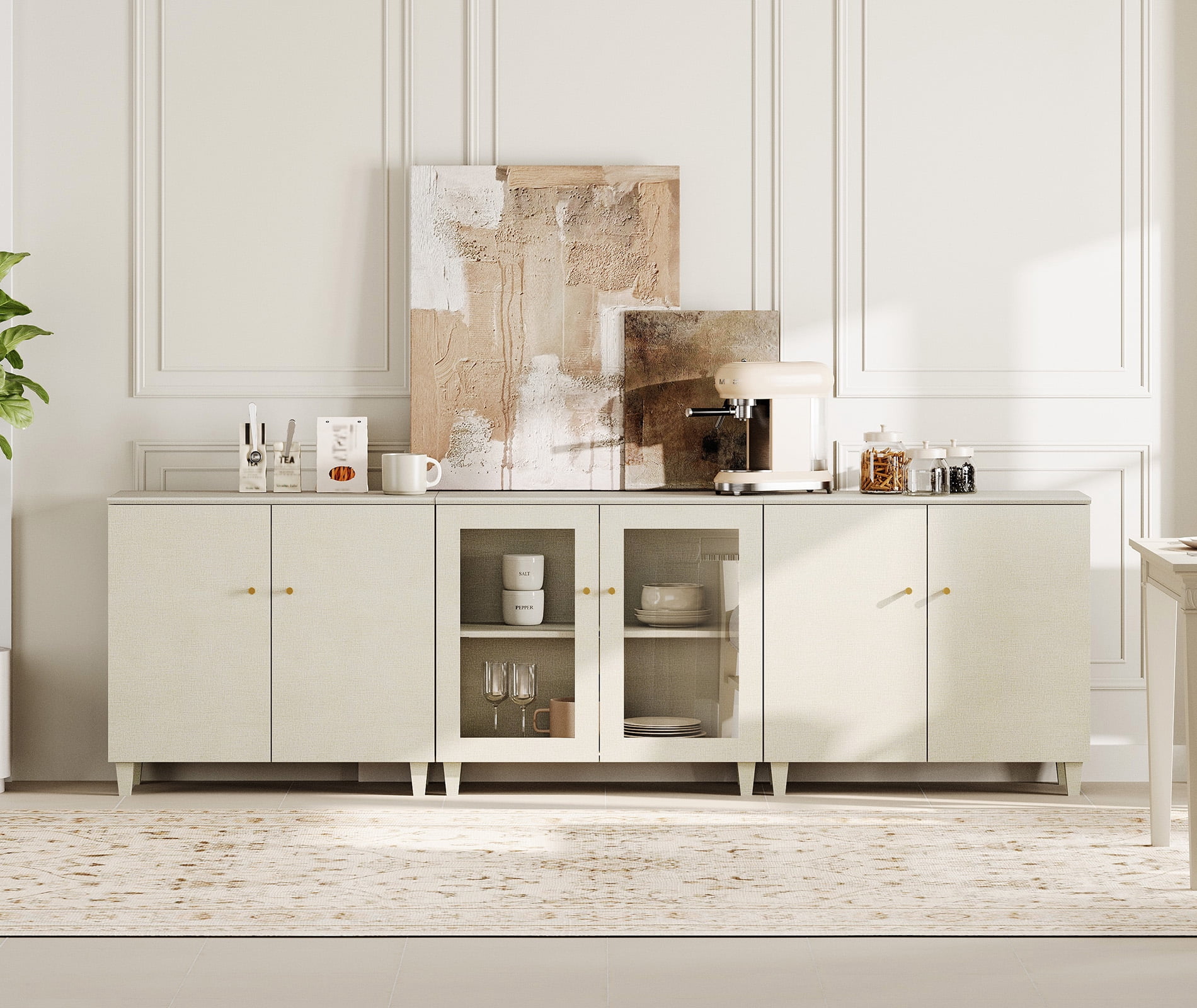 Modular Buffet Cabinet Sideboard With Glass and Wood Doors, Adjustable Shelves and Cable Management For Kitchen Dining Room, 106" W, Beige Wood