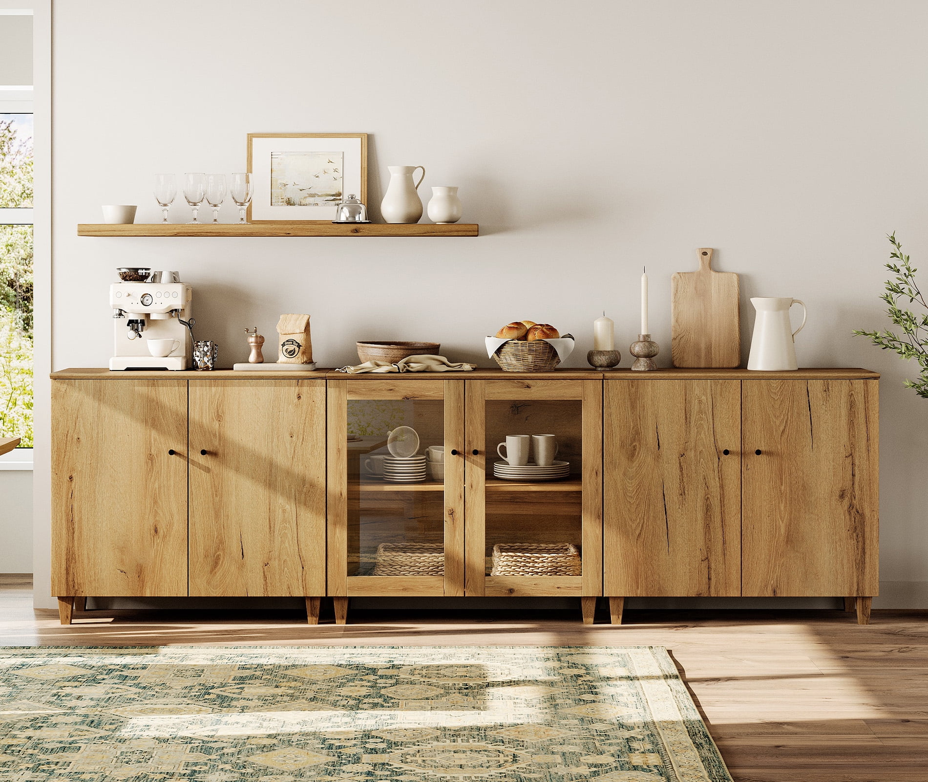 Modular Buffet Cabinet Sideboard With Glass and Wood Doors, Adjustable Shelves and Cable Management For Kitchen Dining Room, 106" W, Brown Wood