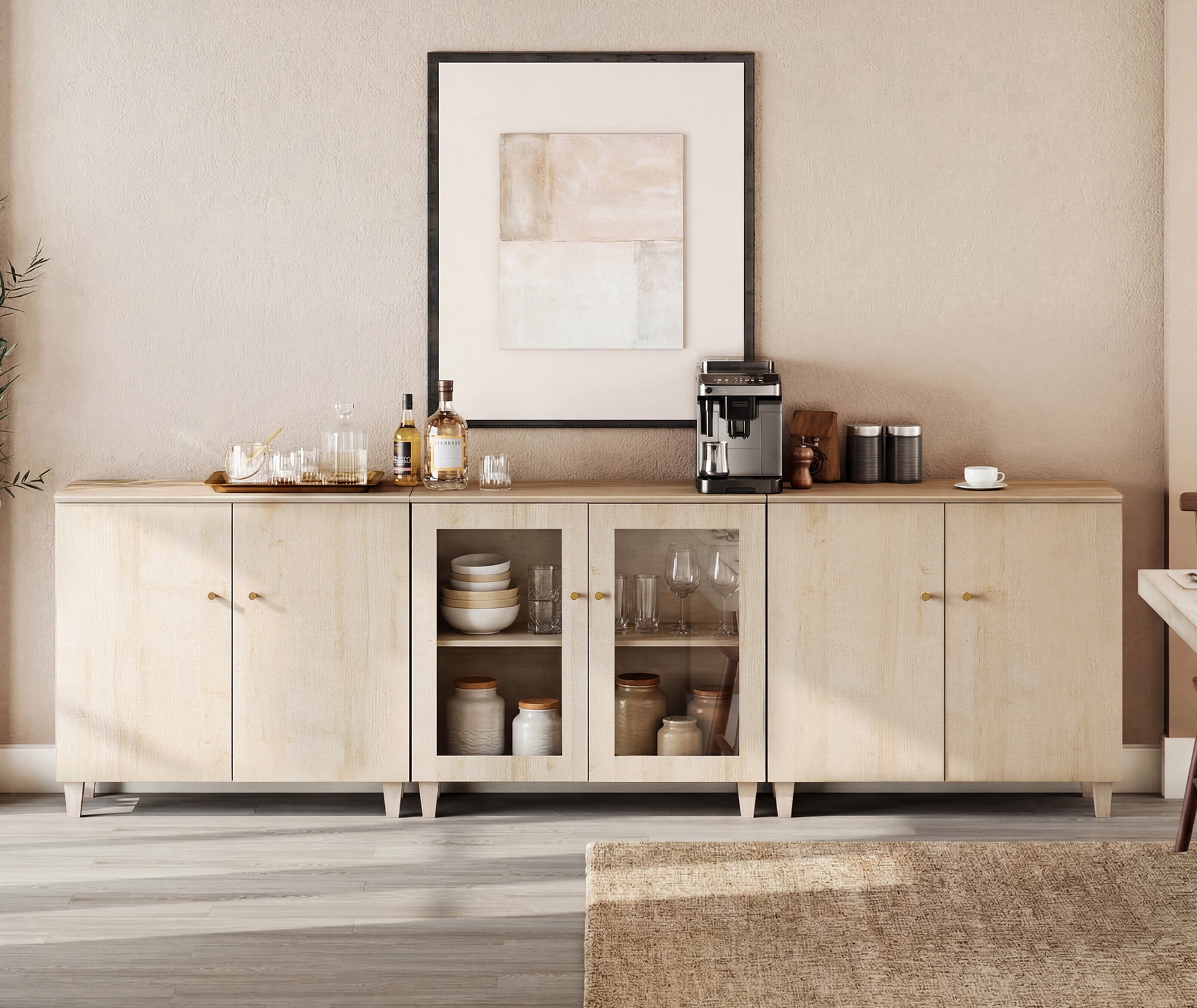 Modular Buffet Cabinet Sideboard With Glass and Wood Doors, Adjustable Shelves and Cable Management For Kitchen Dining Room, 106" W, White Oak Wood