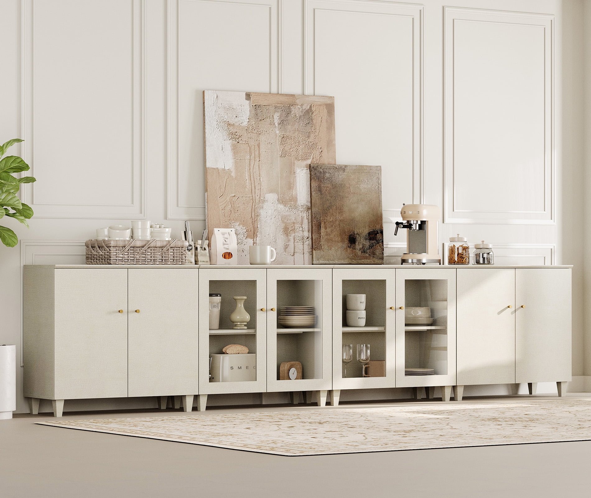 Modular Buffet Cabinet Sideboard With Glass and Wood Doors, Adjustable Shelves and Cable Management For Kitchen Dining Room, 142" W, Beige Wood