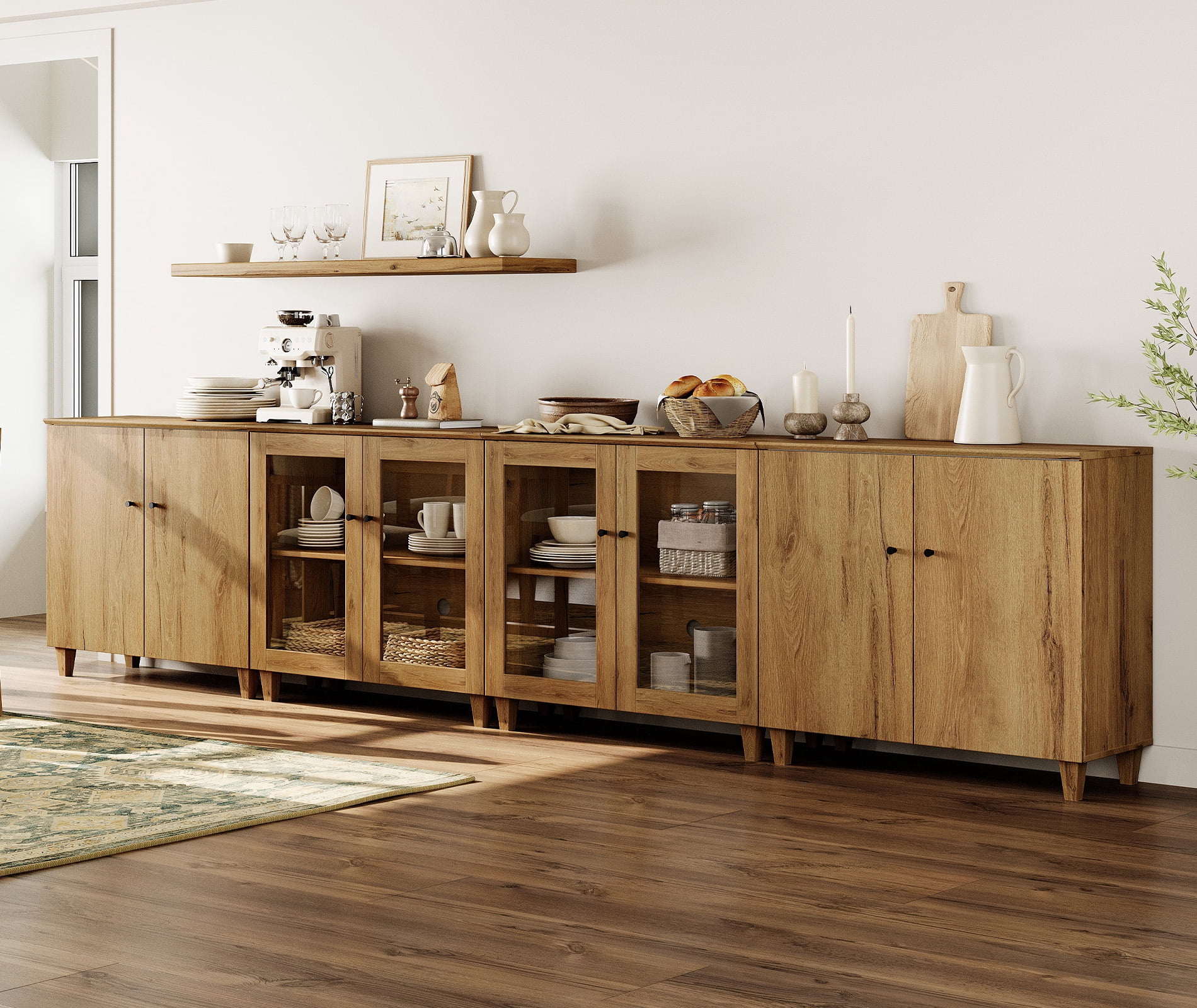 Modular Buffet Cabinet Sideboard With Glass and Wood Doors, Adjustable Shelves and Cable Management For Kitchen Dining Room, 142" W, Brown Wood