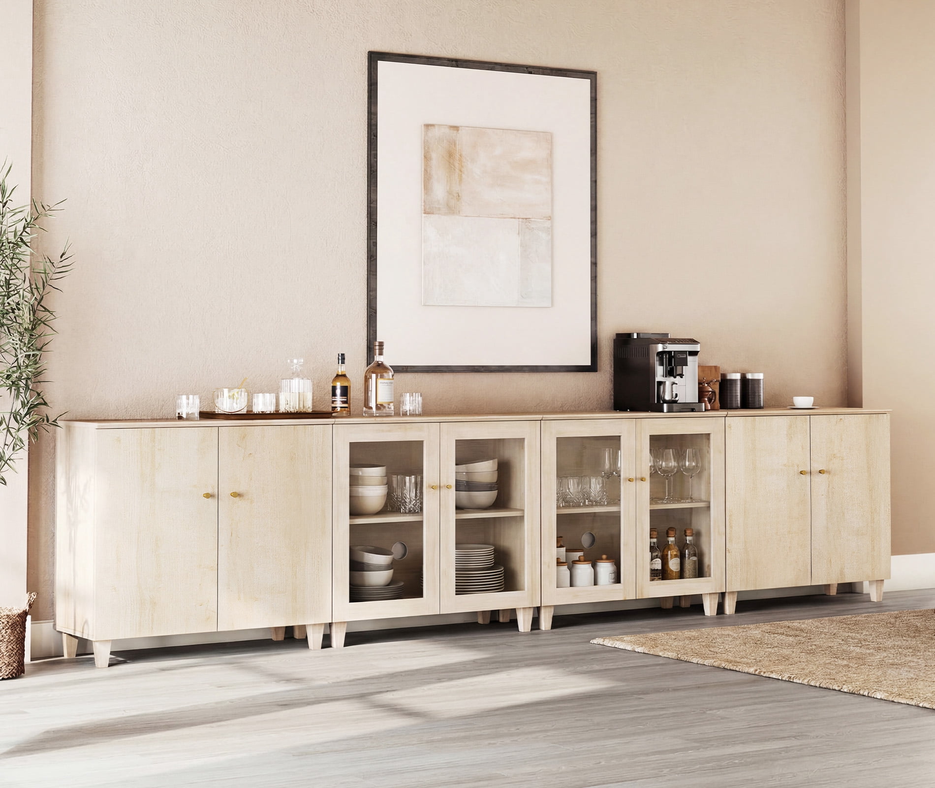 Modular Buffet Cabinet Sideboard With Glass and Wood Doors, Adjustable Shelves and Cable Management For Kitchen Dining Room, 142" W, White Oak Wood