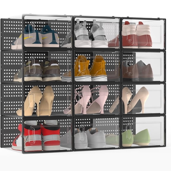Modular Clear Plastic Stackable Shoe Storage Organizer for Closet, Space Saving Versatile Sneaker Rack Containers, Portable Closet Organizers and Storage, Black