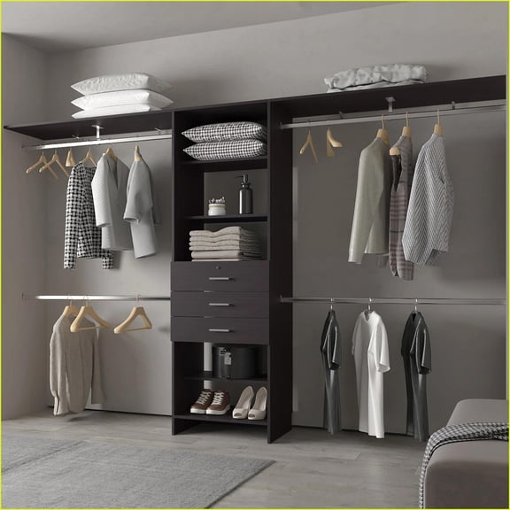 Modular Closet Organizer System with Hanging Rods, Drawers & Shelves | 73.6"H x 118.1"W x 15.7"D | Dark Brown | Particle Board
