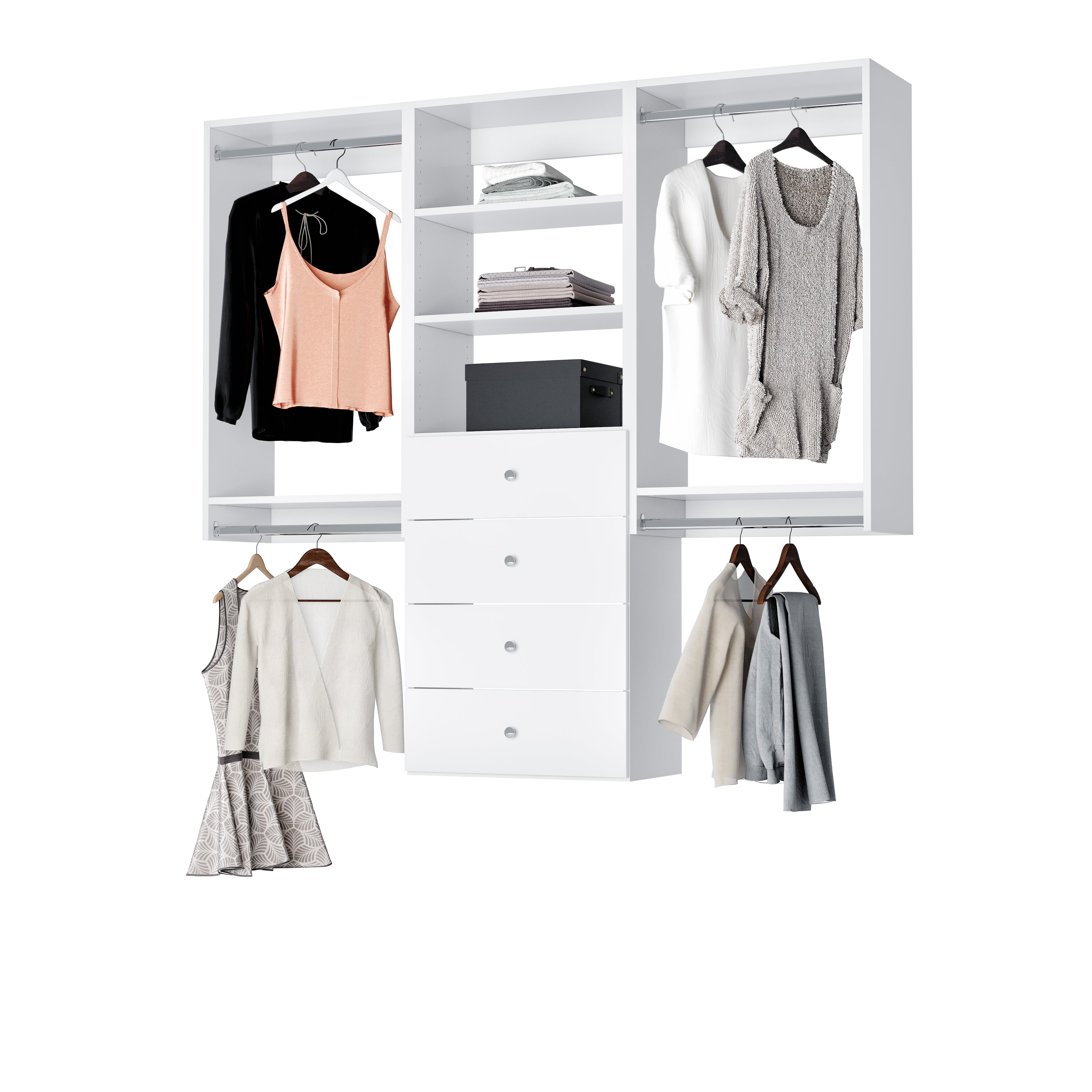 White Modular Closet System with Shelves, Drawers, and Hanging Rods