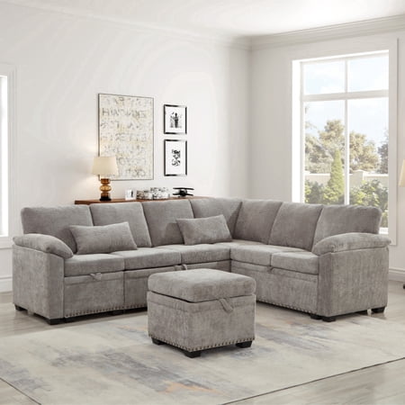 Modular Cloud Couch, 97 Inch L-Shaped Sectional Sofa for Living Room with Storage Ottoman, Chenille Fabric, 7 Seats & 2 Pillows, Gray