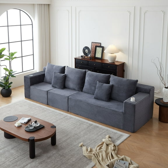 Modular Cloud Couch Sectional Sofa: Deep Seat Corduroy Furniture for Home Office & Small Spaces - No Assembly Required with Cup Holders & Multiple Pillows for Entrepreneurs & Remote Workers