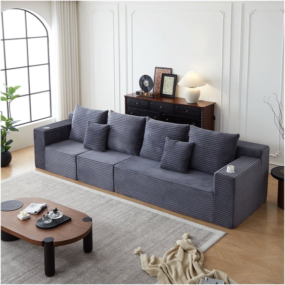 Modular Cloud Couch Sectional with Cup Holders, Plush Corduroy Sofa, No Assembly Required, Grey