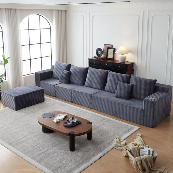 Modular Cloud Couch with Cup Holders & Deep Seating – Corduroy Fabric Sectional, No Assembly Required for Flexible Living Room Layouts