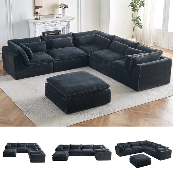 Modular Cloud Sectional Sofa, Oversized Couch with Ottoman, Plush Polyester Fabric, Deep Seat Comfy Lounge Sofa for Living Room & Apartment Dark Grey