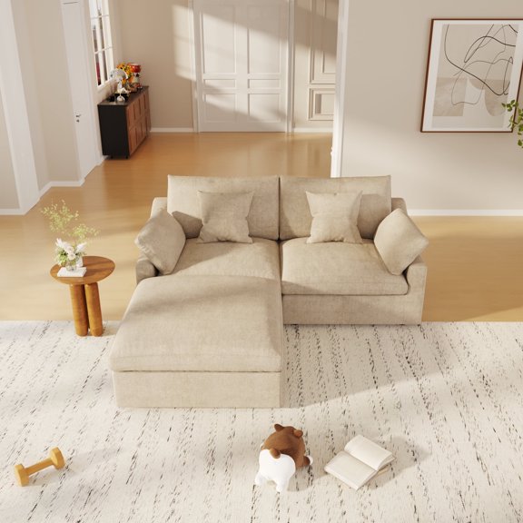 bokifol Modular Cloud Sofa,82.68" Cloud Sectional Couches with Deep Seat,L-Shape 3-Seat Couch with Ottoman for Living Room,Modern Comfy Couch with Washable Cover,Wide Armrest(Khaki)