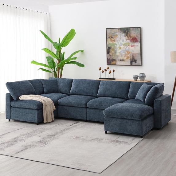 Modular Cloud Sofa Bed 130 Inch, 6 Seat Chenille Sectional Couch with Ottoman, Convertible U Shaped Sleeper Sofa for Living Room, Multi-Functional, Dark Blue