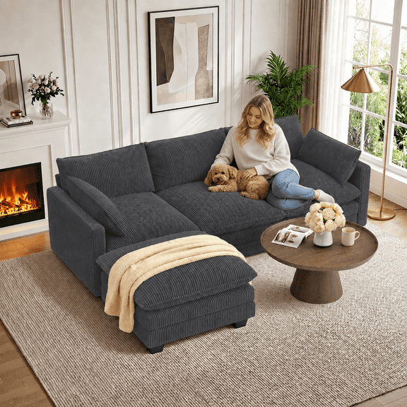 Modular Cloud Sofa, Gizoon 110" Sectional Couches Corduroy L Shaped Deep Seat Couch with Movable Ottoman and 2 Throw Pillows for Living Room Apartment, Dark Gray