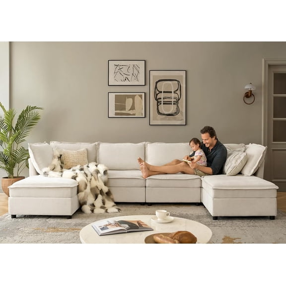 Modular Cloud Sofa Module - Ottoman/Footrest with Armrest - Deep Seat Sectional Piece with Hardwood Frame - White Chenille Upholstery, Color: White, Fabric: Chenille, Size: Pedals