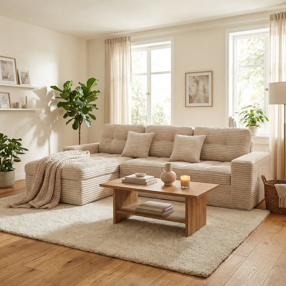 Modular Cloud Sofa Set, 105" DIY Sectional with Ottoman, Pure Foam, Faux Rabbit Fur Velvet, Comfortable Living Room Couch, Cream White