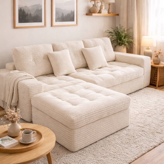 Modular Cloud Sofa Set, 105" DIY Sectional with Ottoman, Pure Foam, Faux Rabbit Fur Velvet, Comfortable Living Room Couch Cream White